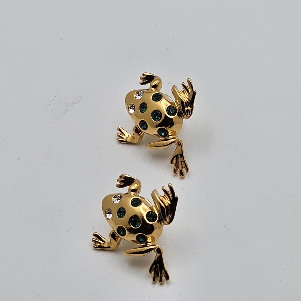 Avon Vintage Gold Green And Clear Rhinestone Frog Pins Lot Of 2 Brooches